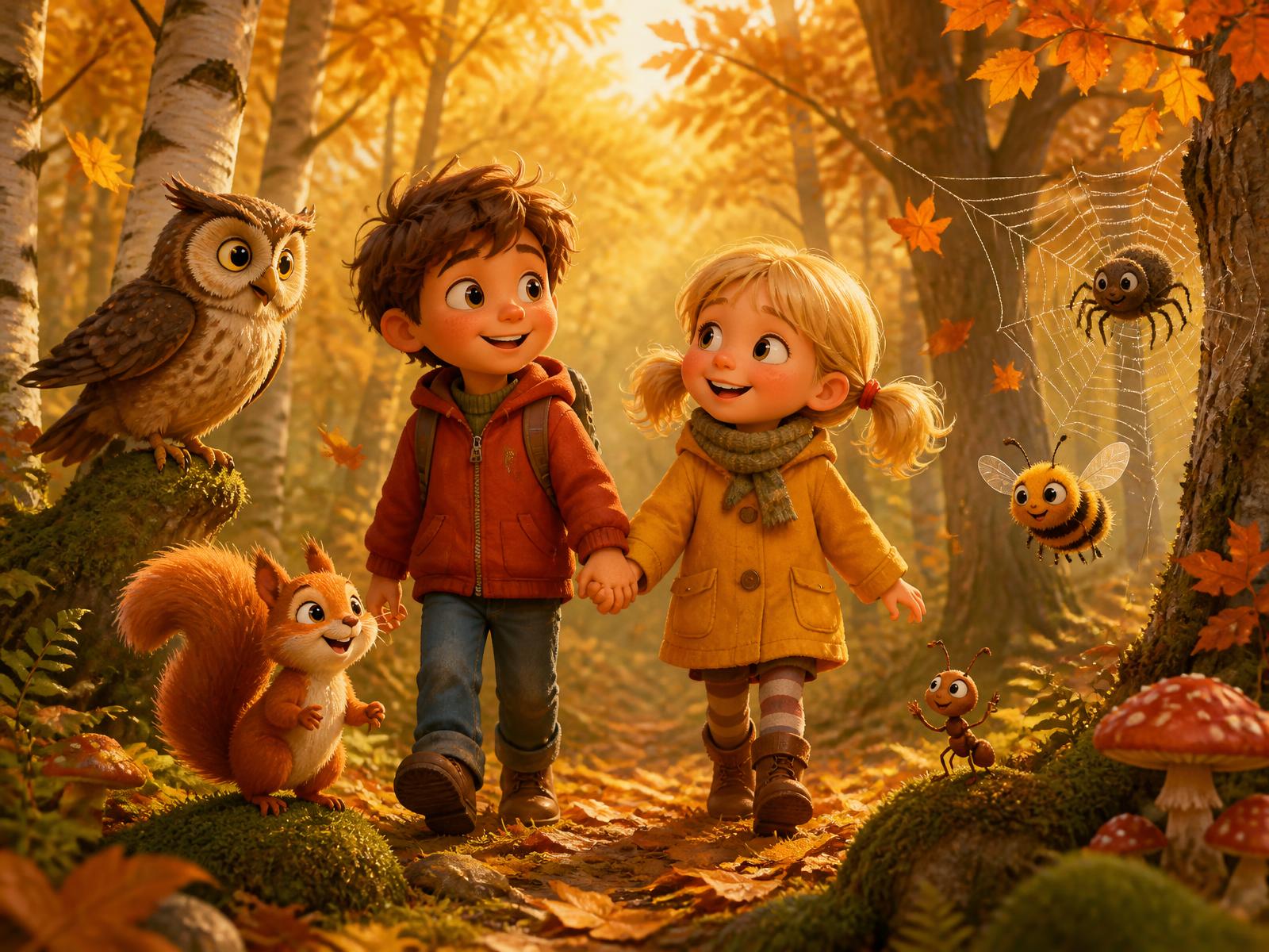 Guus en Gelien wandelen door een warm herfstbos met een uil, eekhoorn, mier, spin en bij