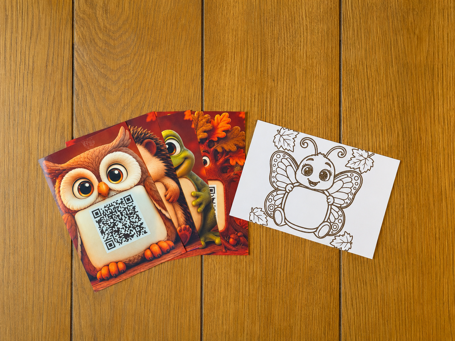 De veertien gedrukte QR-kaarten met kleurplaat, elk in een doorzichtig hoesje