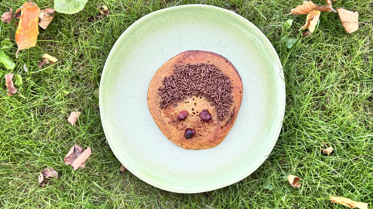 Een oranje pannenkoek versierd als egel met hagelslag en rozijnen